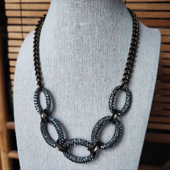 Dark Brass Antiqued Pave Dark Grey Smoke Rhinestones Link Chain Necklace LOFT - Picture 1 of 8